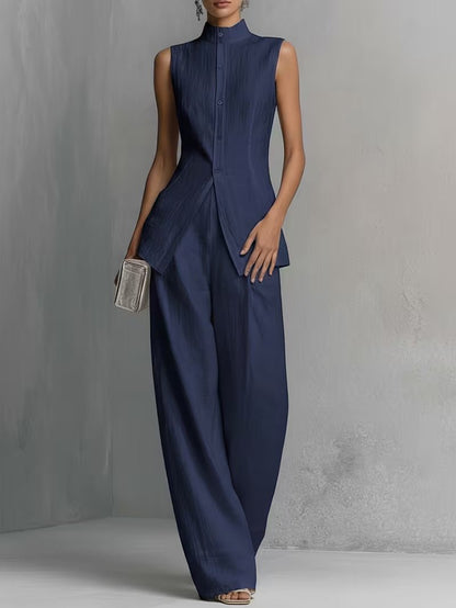 Elegant Wide Leg Jumpsuit for Women with High Neck Sleeveless Asymmetric Draped Formal Style
