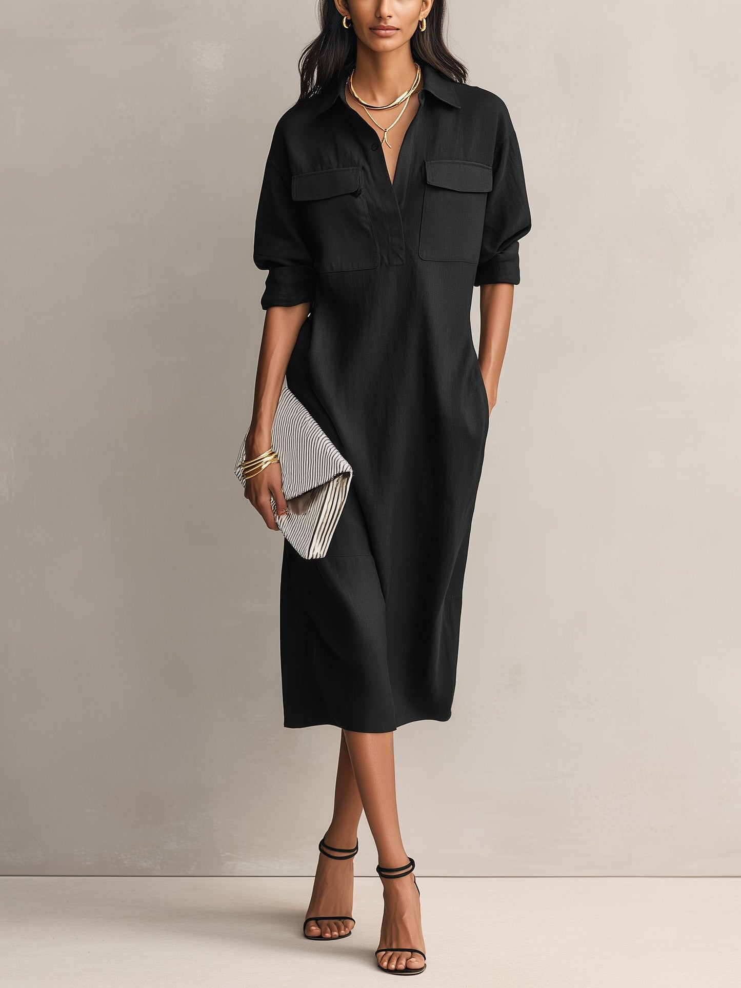 Effortless Black Cotton Linen Shirt Dress for Women with Collar Elbow Sleeve Relaxed Midi Style
