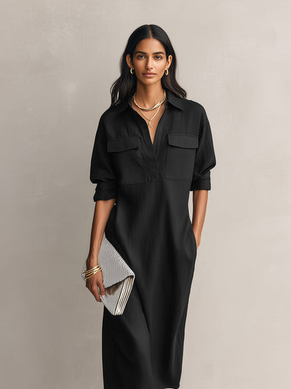 Effortless Black Cotton Linen Shirt Dress for Women with Collar Elbow Sleeve Relaxed Midi Style