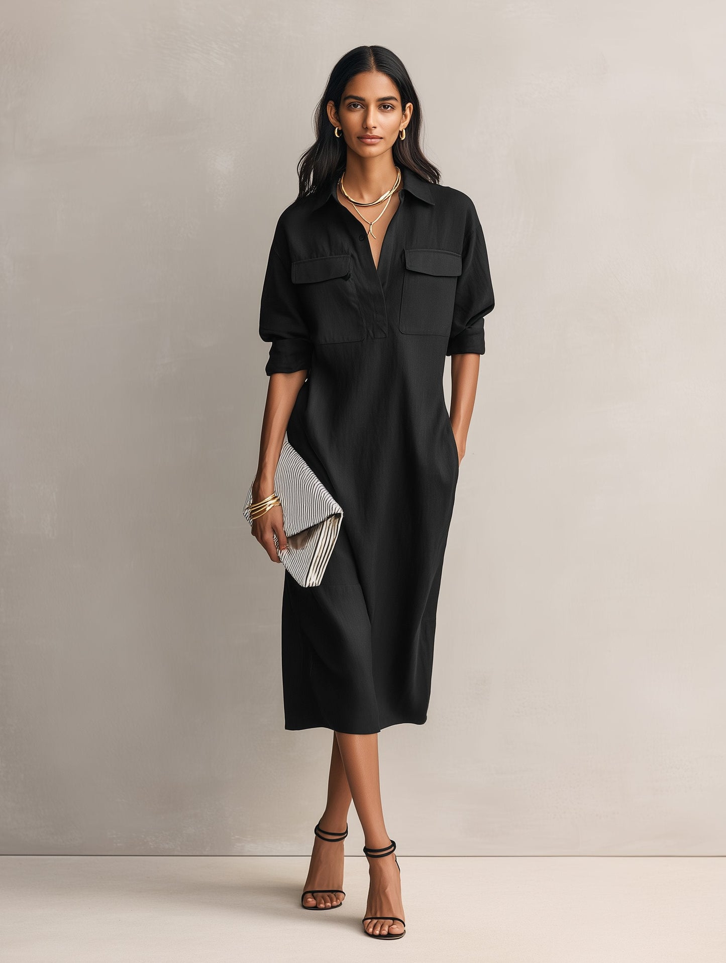 Effortless Black Cotton Linen Shirt Dress for Women with Collar Elbow Sleeve Relaxed Midi Style