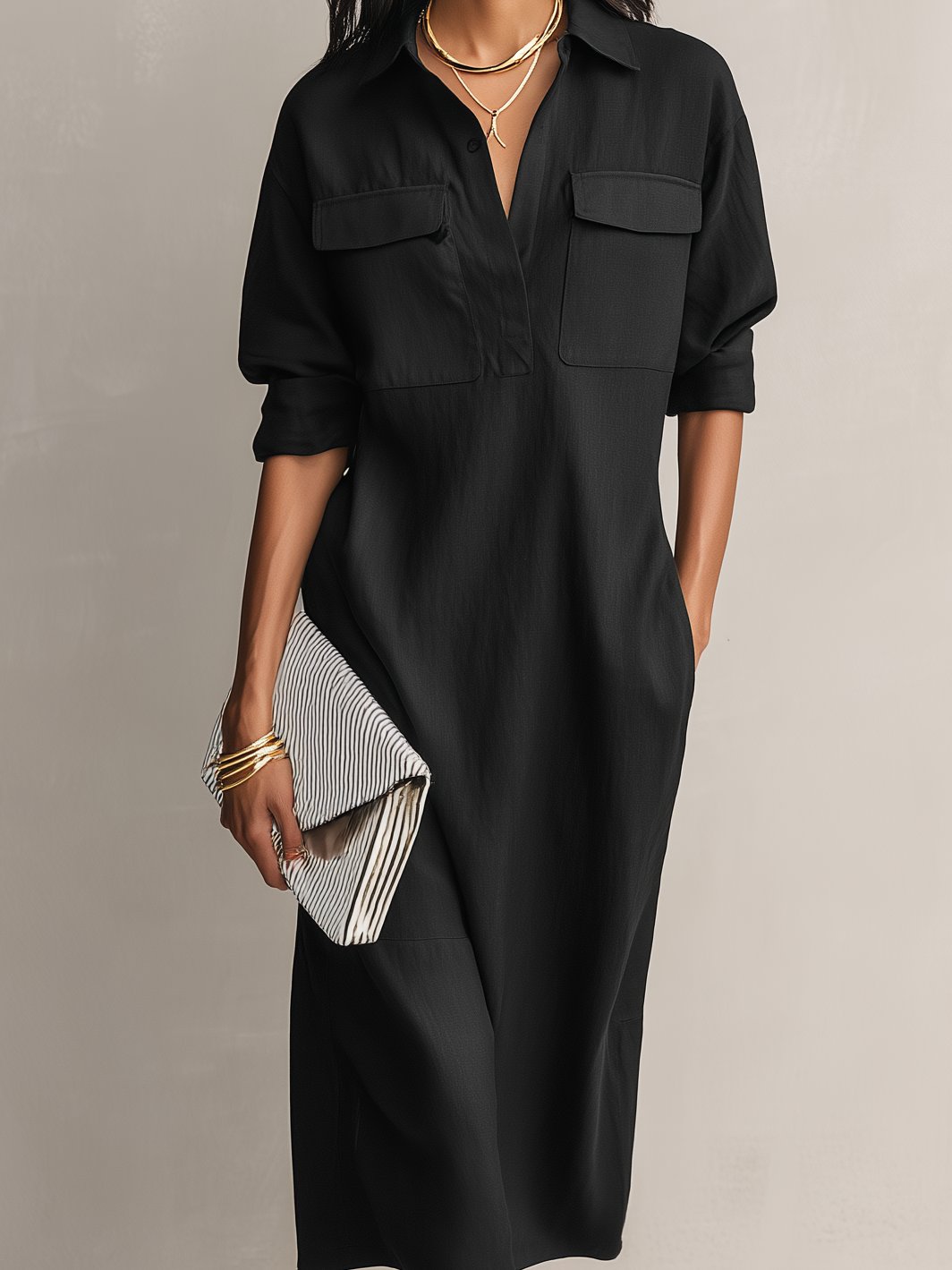 Effortless Black Cotton Linen Shirt Dress for Women with Collar Elbow Sleeve Relaxed Midi Style