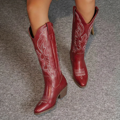 Elegant Brown Embroidered Cowgirl Boots for Women with Knee High Pointed Toe Block Heel Western Style