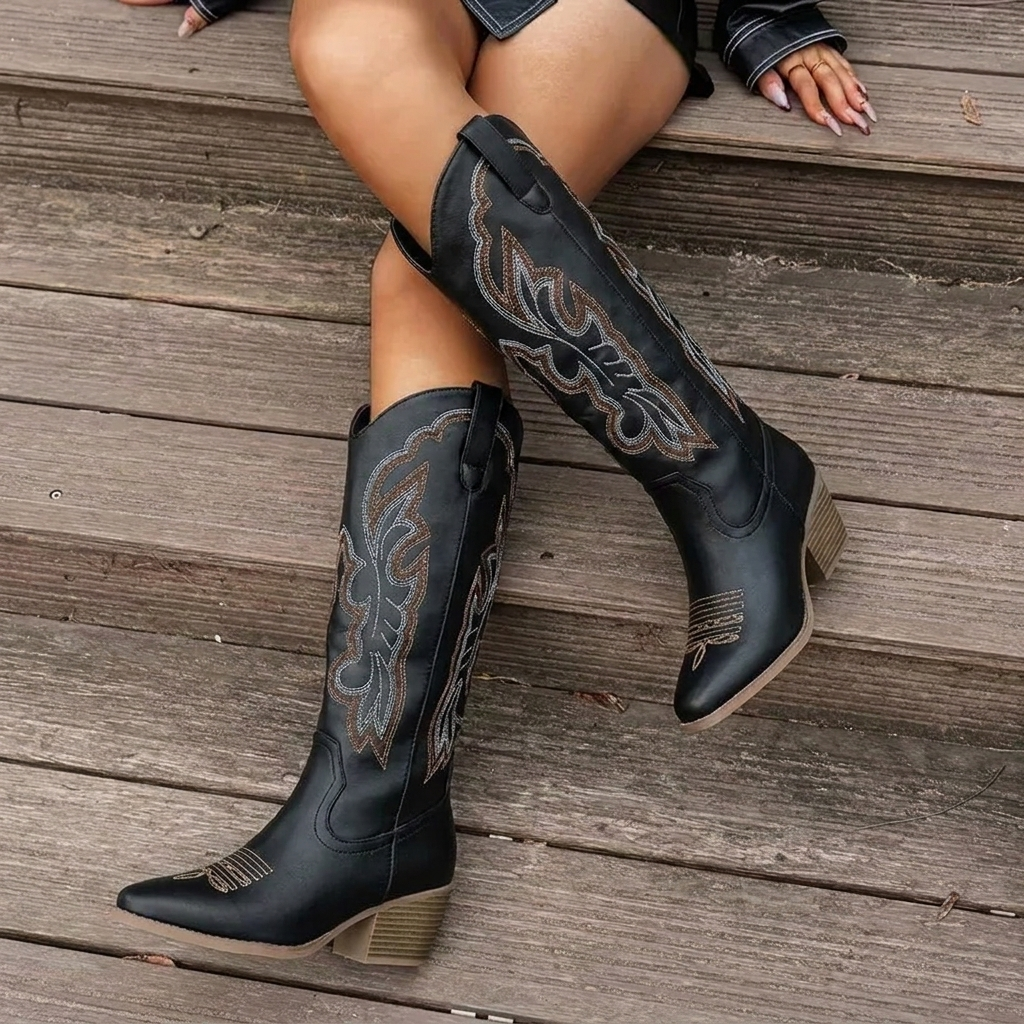 Elegant Brown Embroidered Cowgirl Boots for Women with Knee High Pointed Toe Block Heel Western Style