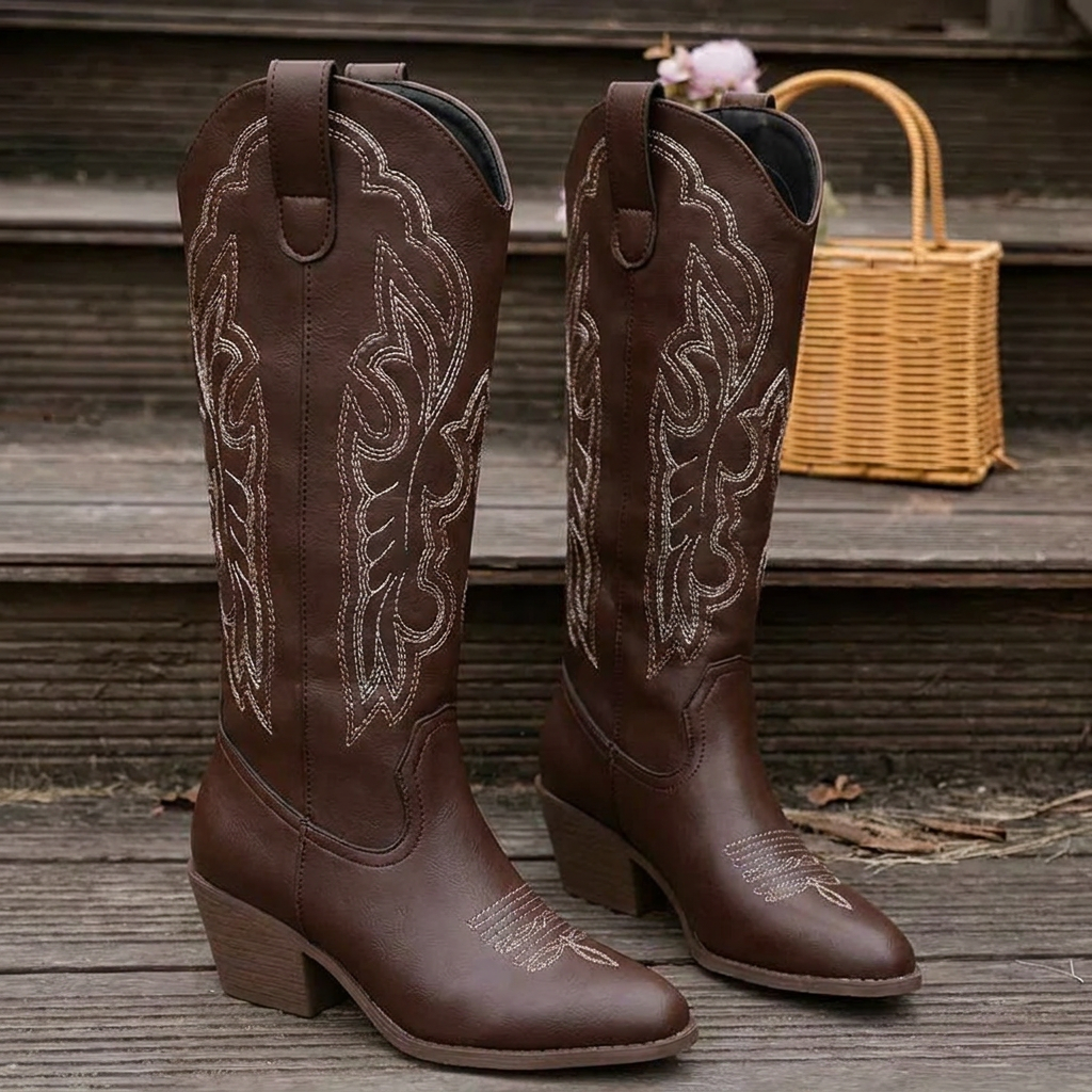 Elegant Brown Embroidered Cowgirl Boots for Women with Knee High Pointed Toe Block Heel Western Style