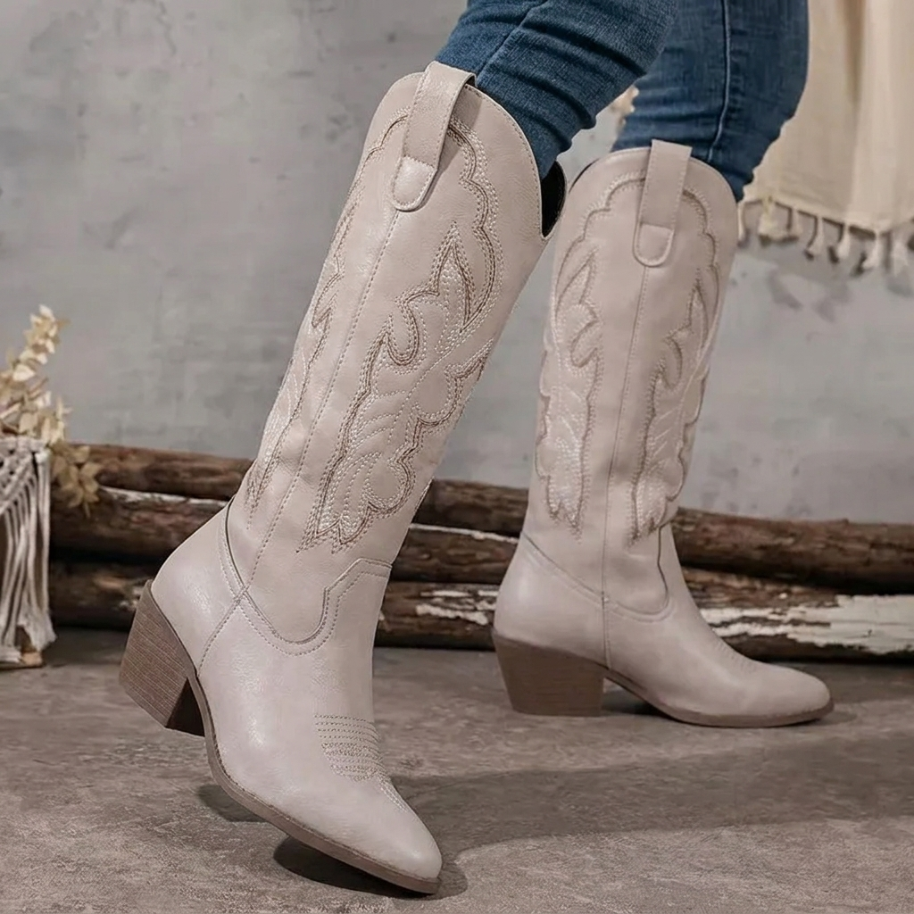 Elegant Brown Embroidered Cowgirl Boots for Women with Knee High Pointed Toe Block Heel Western Style