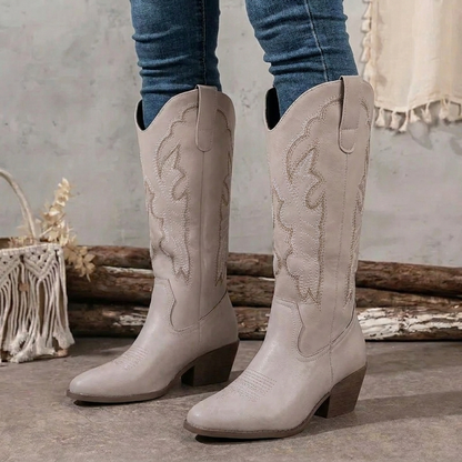 Elegant Brown Embroidered Cowgirl Boots for Women with Knee High Pointed Toe Block Heel Western Style