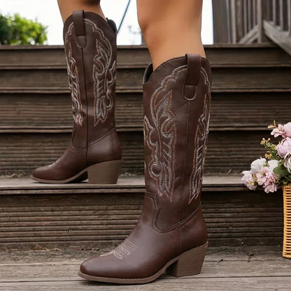 Elegant Brown Embroidered Cowgirl Boots for Women with Knee High Pointed Toe Block Heel Western Style