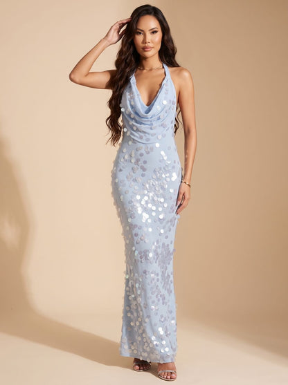 Elegant Blue Sequin Wedding Guest Gown for Women with Cowl Neck Halter Floor-Length Formal Style