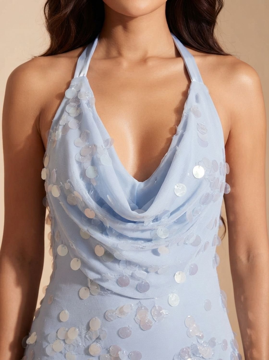Elegant Blue Sequin Wedding Guest Gown for Women with Cowl Neck Halter Floor-Length Formal Style