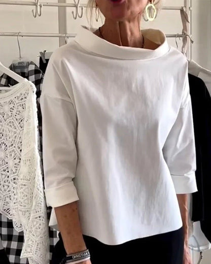Elegant Boat Neck Blouses for Women with Elbow Sleeve Relaxed Drapey Soft Knit Style