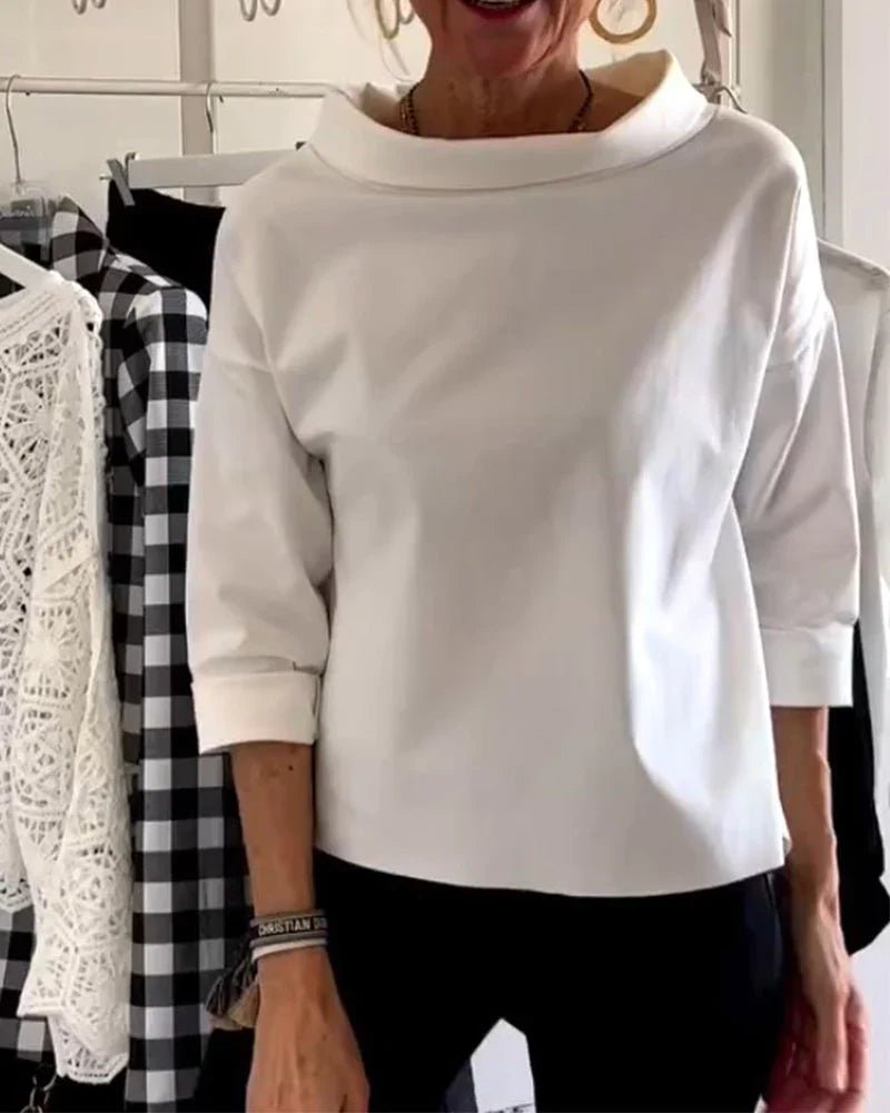 Elegant Boat Neck Blouses for Women with Elbow Sleeve Relaxed Drapey Soft Knit Style