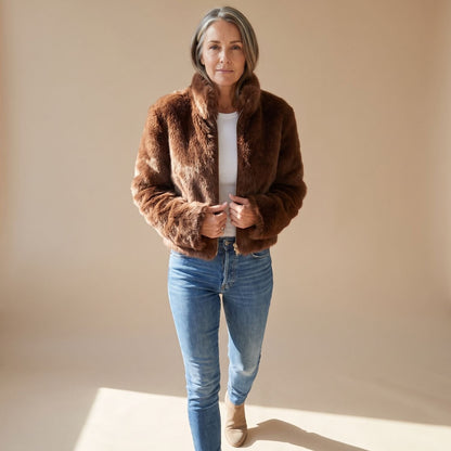 Chic Black Faux Fur Jacket for Women with Zip Up Long Sleeve Cropped Fluffy Winter Style
