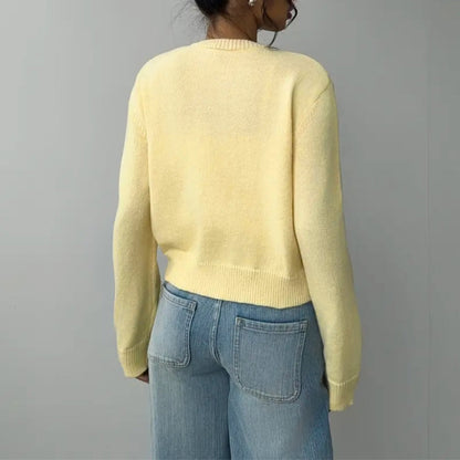 Cozy Cropped Cardigan for Women with Round Neck Long Sleeve Ribbed Trim Button Front Style