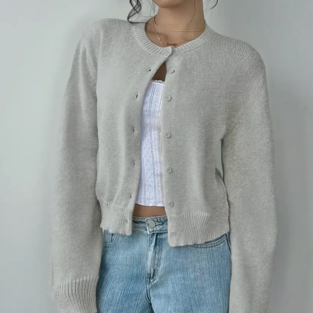 Cozy Cropped Cardigan for Women with Round Neck Long Sleeve Ribbed Trim Button Front Style