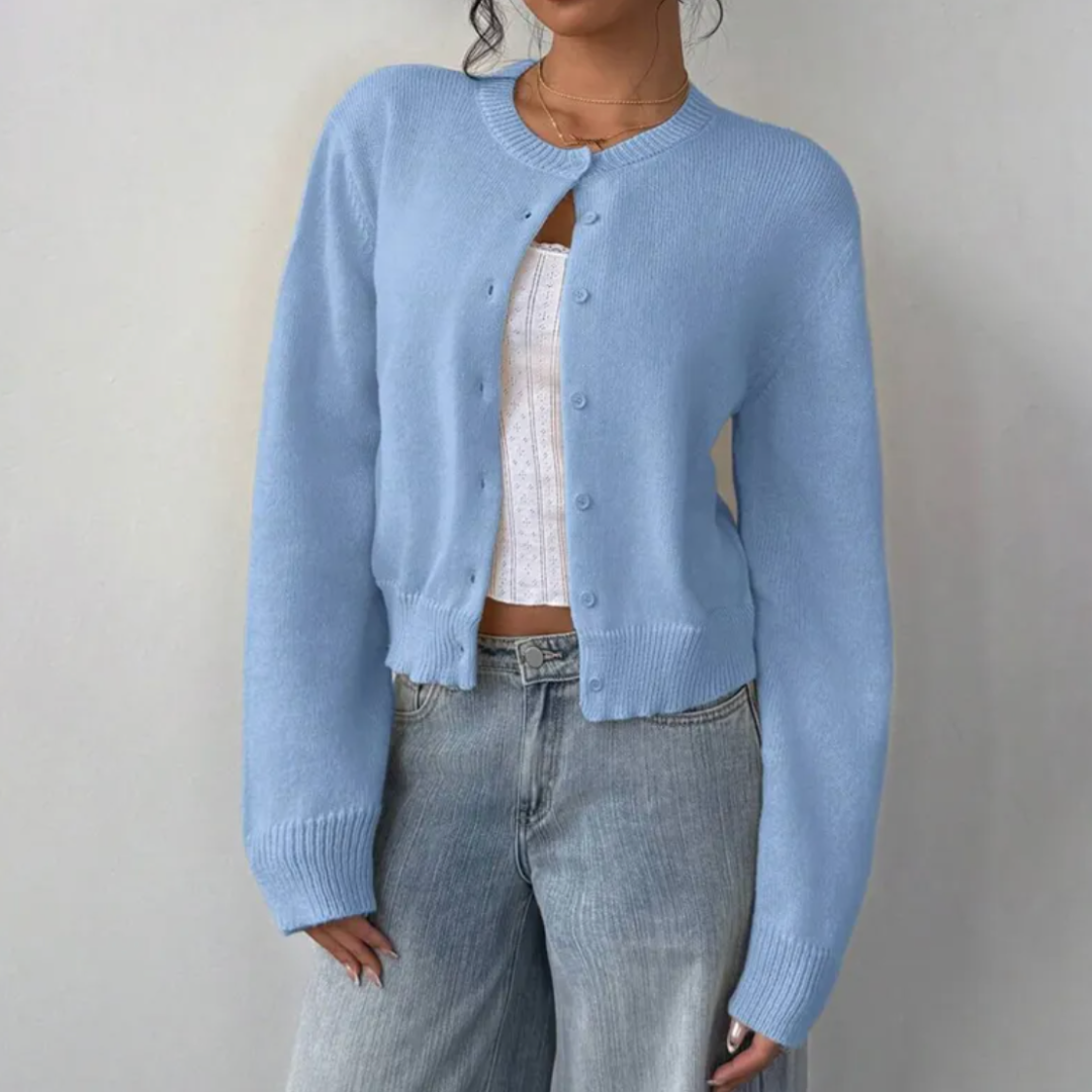 Cozy Cropped Cardigan for Women with Round Neck Long Sleeve Ribbed Trim Button Front Style