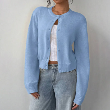 Cozy Cropped Cardigan for Women with Round Neck Long Sleeve Ribbed Trim Button Front Style