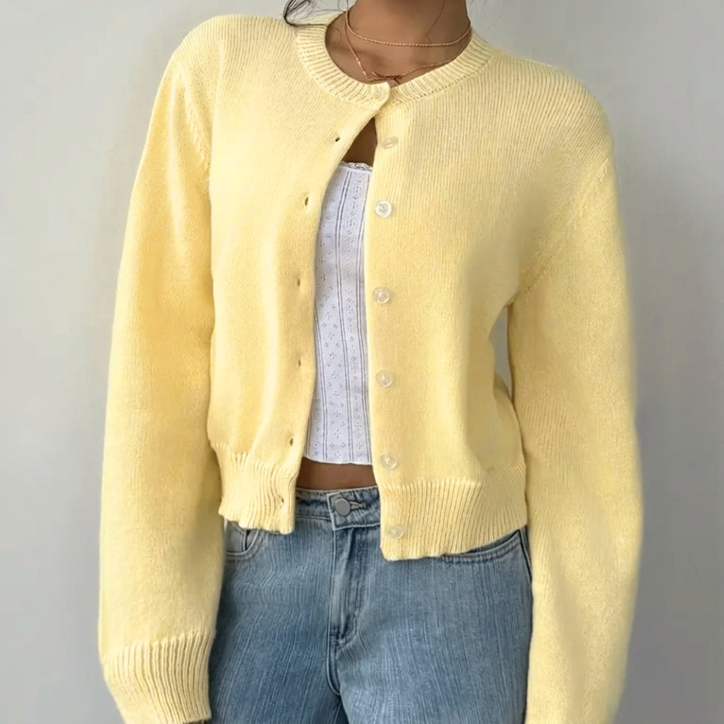 Cozy Cropped Cardigan for Women with Round Neck Long Sleeve Ribbed Trim Button Front Style