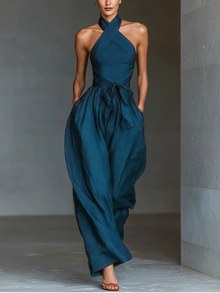 Elegant Navy Blue Jumpsuit for Women with Halter Neck Sleeveless Wide Leg Relaxed Formal Style