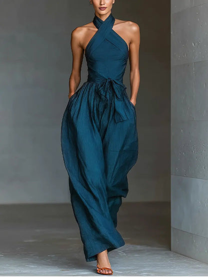 Elegant Navy Blue Jumpsuit for Women with Halter Neck Sleeveless Wide Leg Relaxed Formal Style