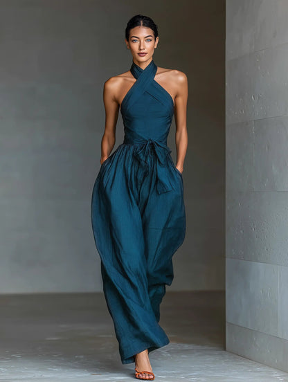 Elegant Navy Blue Jumpsuit for Women with Halter Neck Sleeveless Wide Leg Relaxed Formal Style