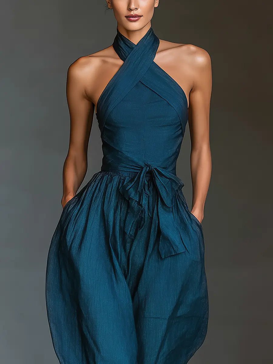 Elegant Navy Blue Jumpsuit for Women with Halter Neck Sleeveless Wide Leg Relaxed Formal Style