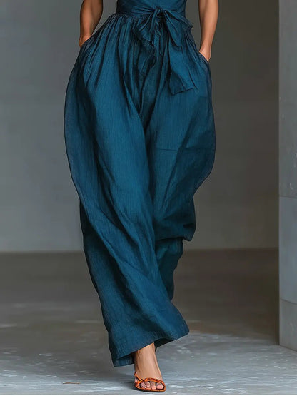 Elegant Navy Blue Jumpsuit for Women with Halter Neck Sleeveless Wide Leg Relaxed Formal Style