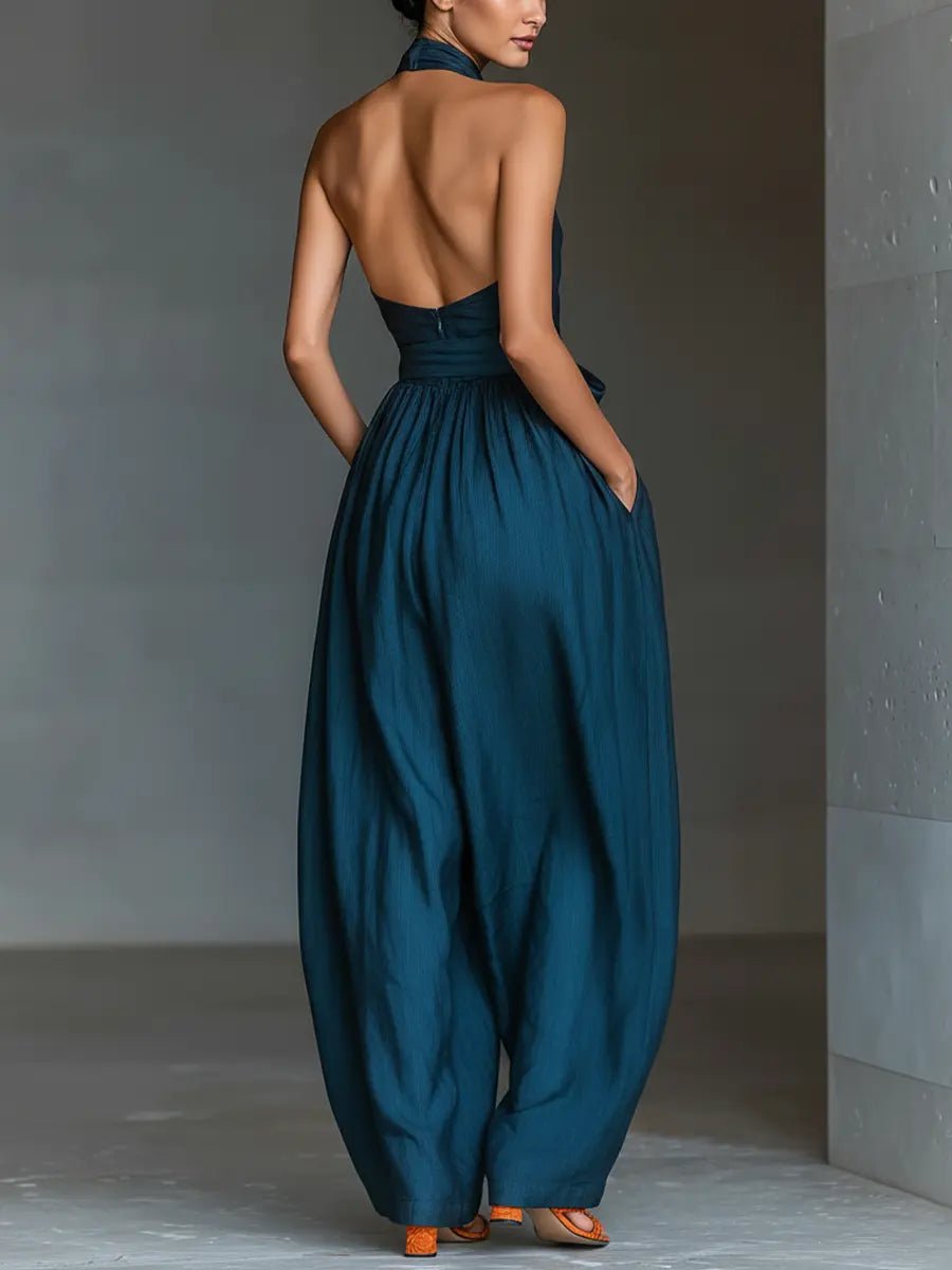 Elegant Navy Blue Jumpsuit for Women with Halter Neck Sleeveless Wide Leg Relaxed Formal Style