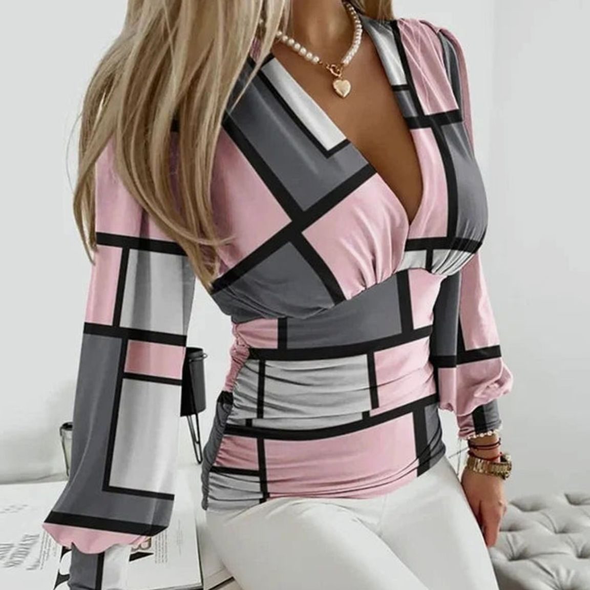 Elegant Wrap Blouse for Women with V Neck Lantern Sleeve Ruched Silky Style