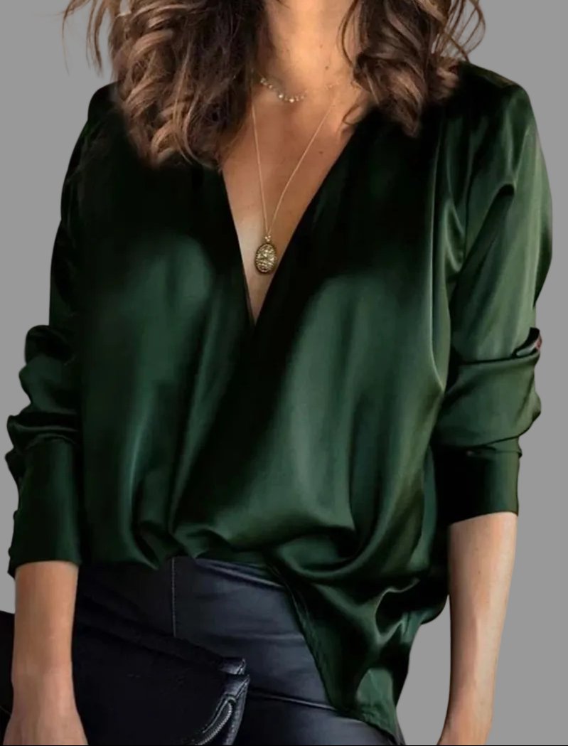 Elegant Blouses for Women with Deep V-Neckline Satin Long Sleeve Draped Style