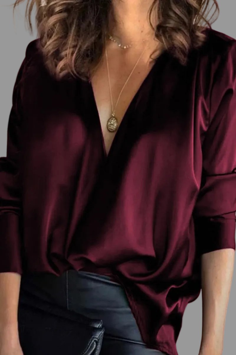 Elegant Blouses for Women with Deep V-Neckline Satin Long Sleeve Draped Style