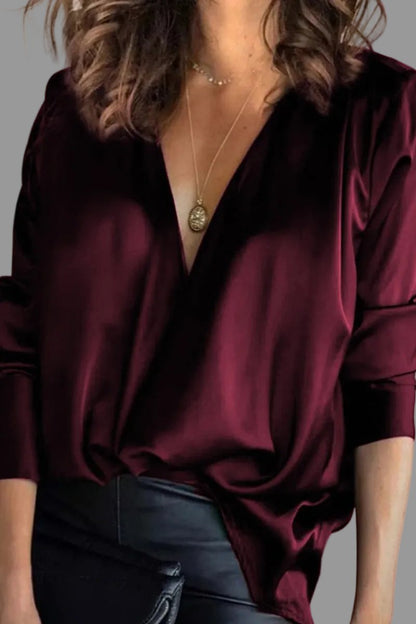 Elegant Blouses for Women with Deep V-Neckline Satin Long Sleeve Draped Style