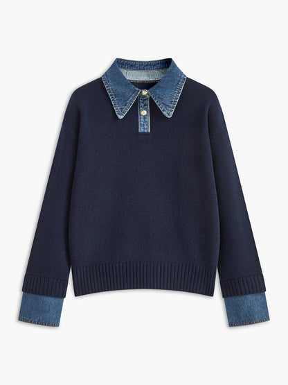 Stylish Polo Shirts for Women with Denim Collar Knit Sweater Design