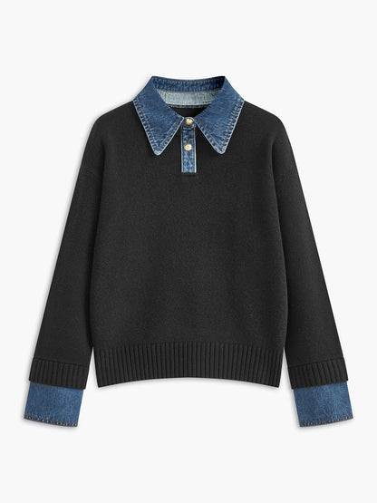 Stylish Polo Shirts for Women with Denim Collar Knit Sweater Design