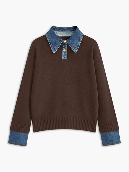 Stylish Polo Shirts for Women with Denim Collar Knit Sweater Design