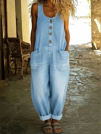 Effortless Denim Jumpsuit for Women with Scoop Neck Sleeveless Button Front Loose Fit Casual Style