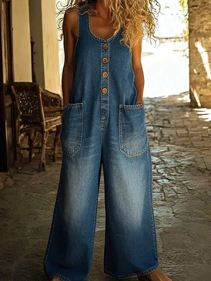 Effortless Denim Jumpsuit for Women with Scoop Neck Sleeveless Button Front Loose Fit Casual Style