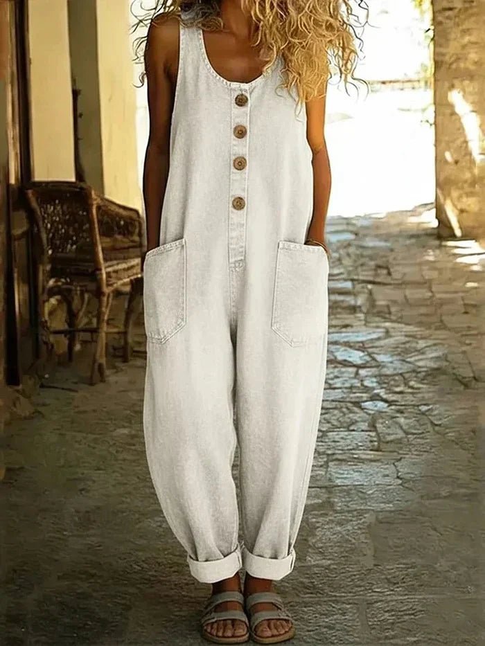 Effortless Denim Jumpsuit for Women with Scoop Neck Sleeveless Button Front Loose Fit Casual Style