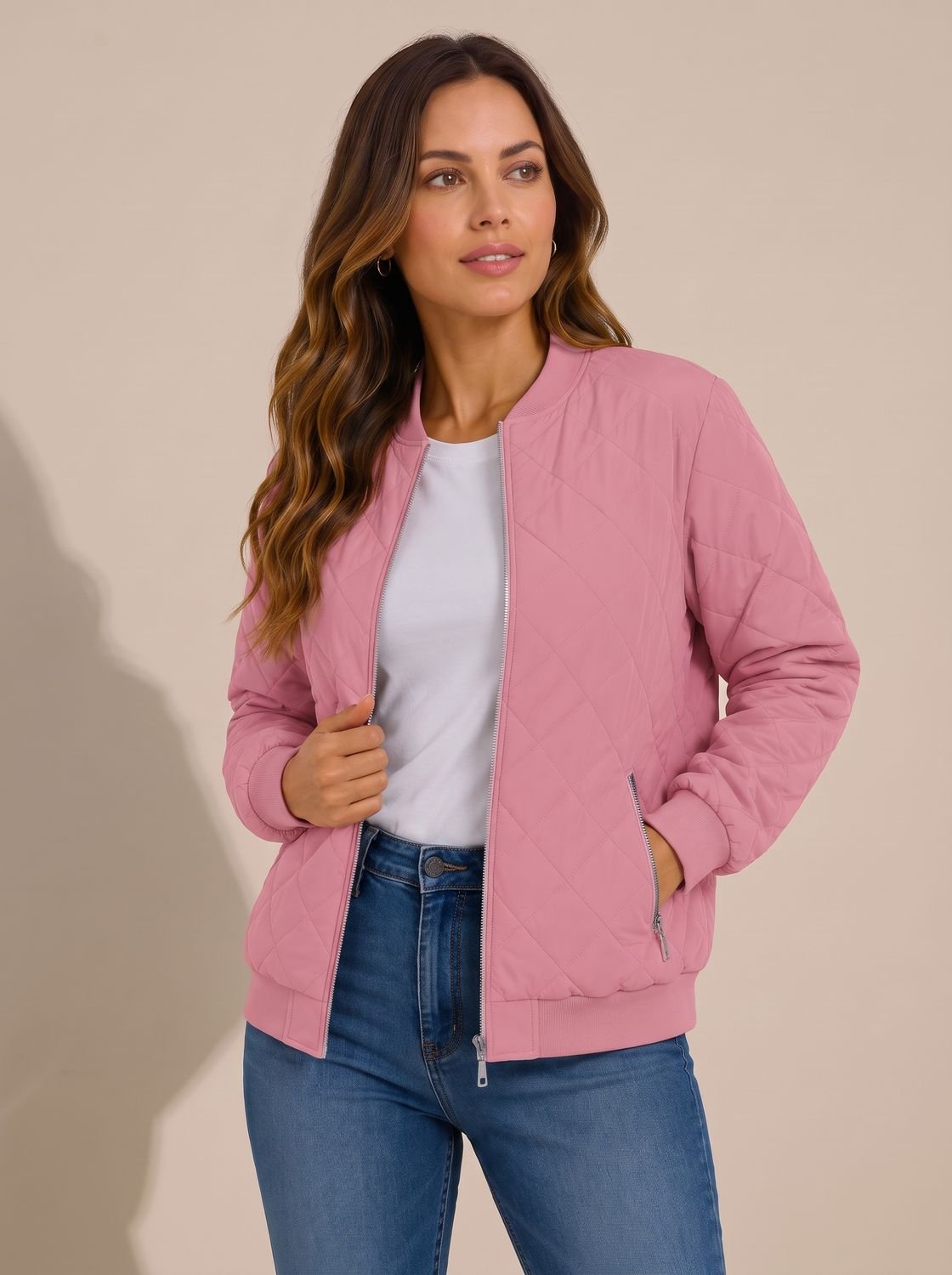 Cozy Diamond Quilted Bomber Jacket for Women with Ribbed Collar Long Sleeve Zip Winter Style