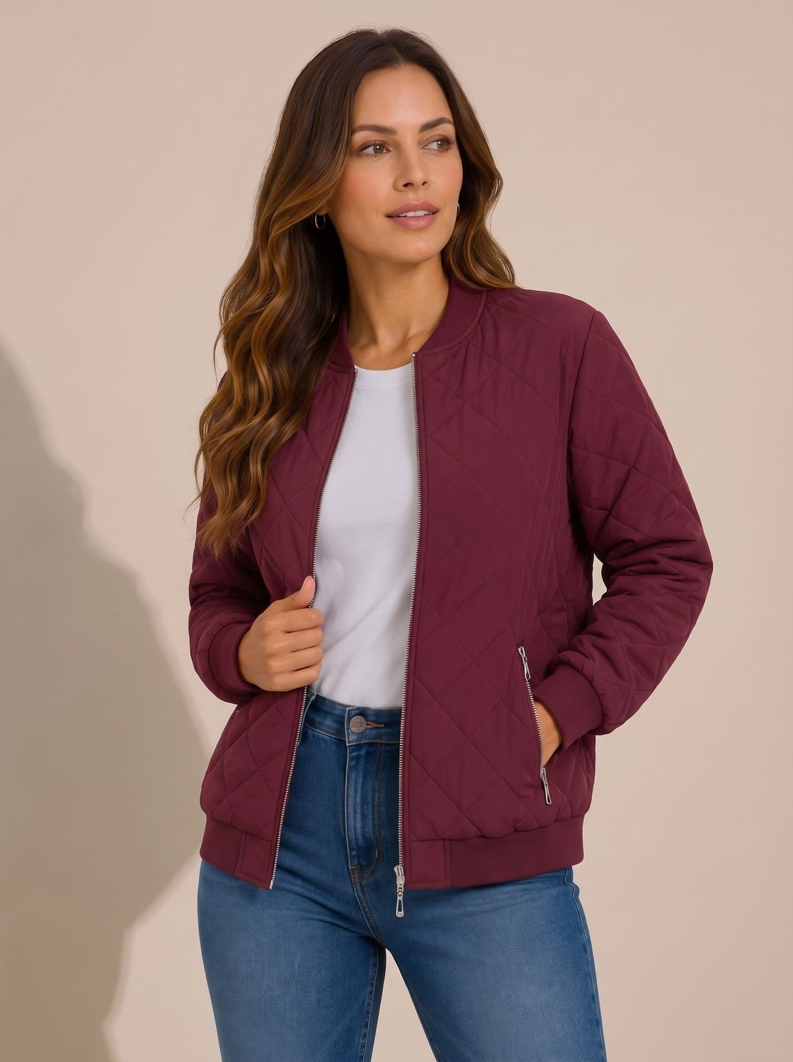 Cozy Diamond Quilted Bomber Jacket for Women with Ribbed Collar Long Sleeve Zip Winter Style