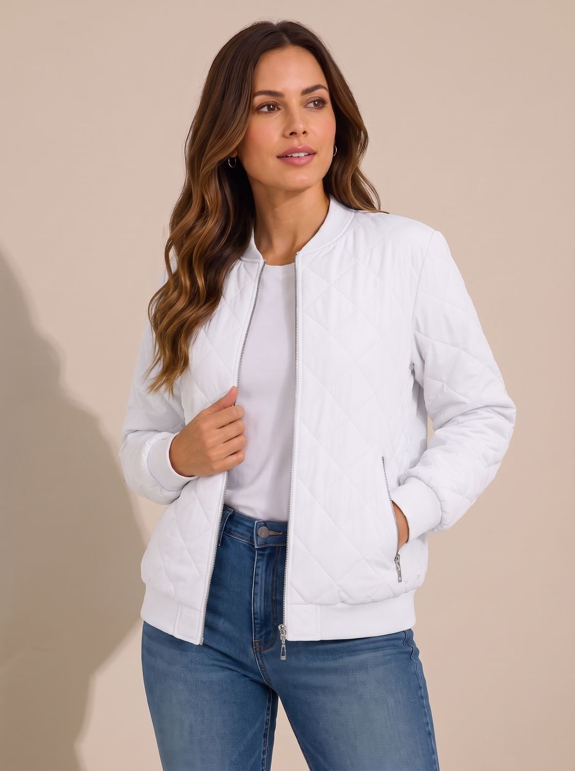 Cozy Diamond Quilted Bomber Jacket for Women with Ribbed Collar Long Sleeve Zip Winter Style