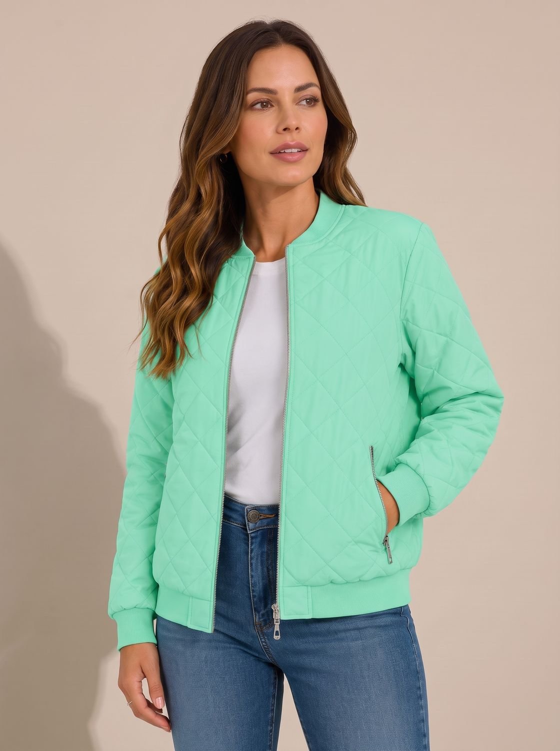 Cozy Diamond Quilted Bomber Jacket for Women with Ribbed Collar Long Sleeve Zip Winter Style