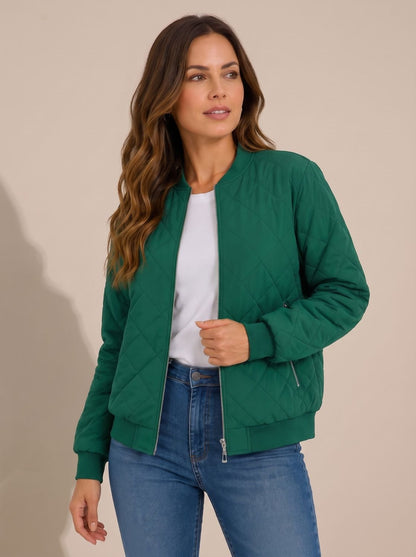 Cozy Diamond Quilted Bomber Jacket for Women with Ribbed Collar Long Sleeve Zip Winter Style