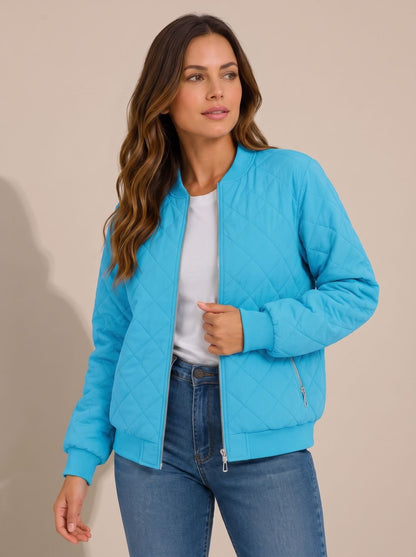 Cozy Diamond Quilted Bomber Jacket for Women with Ribbed Collar Long Sleeve Zip Winter Style