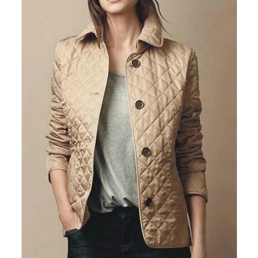 Elegant Quilted Jacket for Women with Point Collar Long Sleeve Button Front Fitted Style