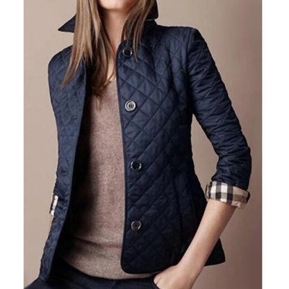 Elegant Quilted Jacket for Women with Point Collar Long Sleeve Button Front Fitted Style