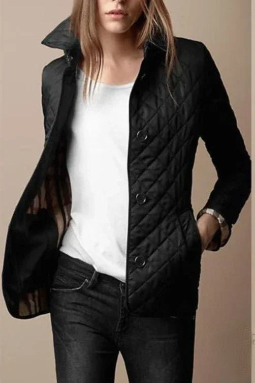 Elegant Quilted Jacket for Women with Point Collar Long Sleeve Button Front Fitted Style