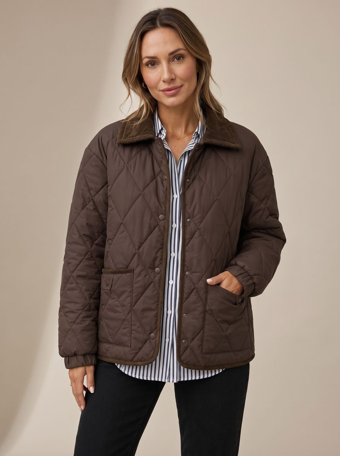 Cozy Diamond Quilted Jacket for Women with Corduroy Collar Long Sleeve Snap Front Oversized Style