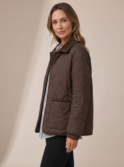 Cozy Diamond Quilted Jacket for Women with Corduroy Collar Long Sleeve Snap Front Oversized Style