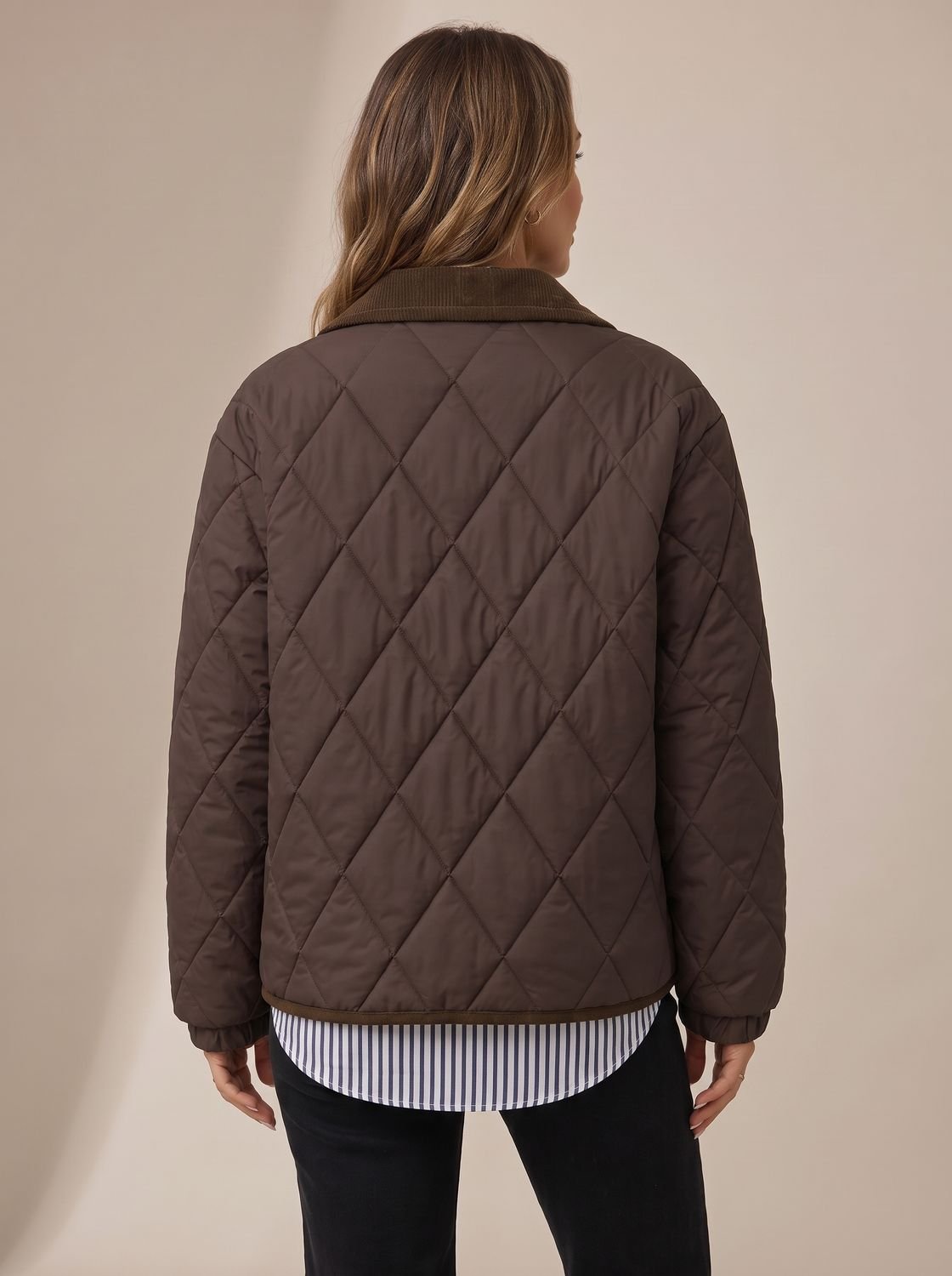 Cozy Diamond Quilted Jacket for Women with Corduroy Collar Long Sleeve Snap Front Oversized Style