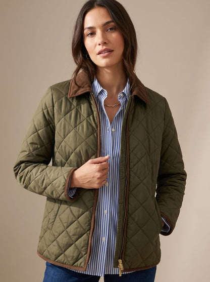 Cozy Diamond Quilted Jacket for Women with Corduroy Collar Long Sleeve Snap Front Oversized Style